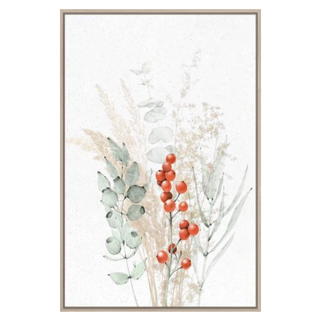 Framed artwork of a botanical design with leaves and berries on a white background