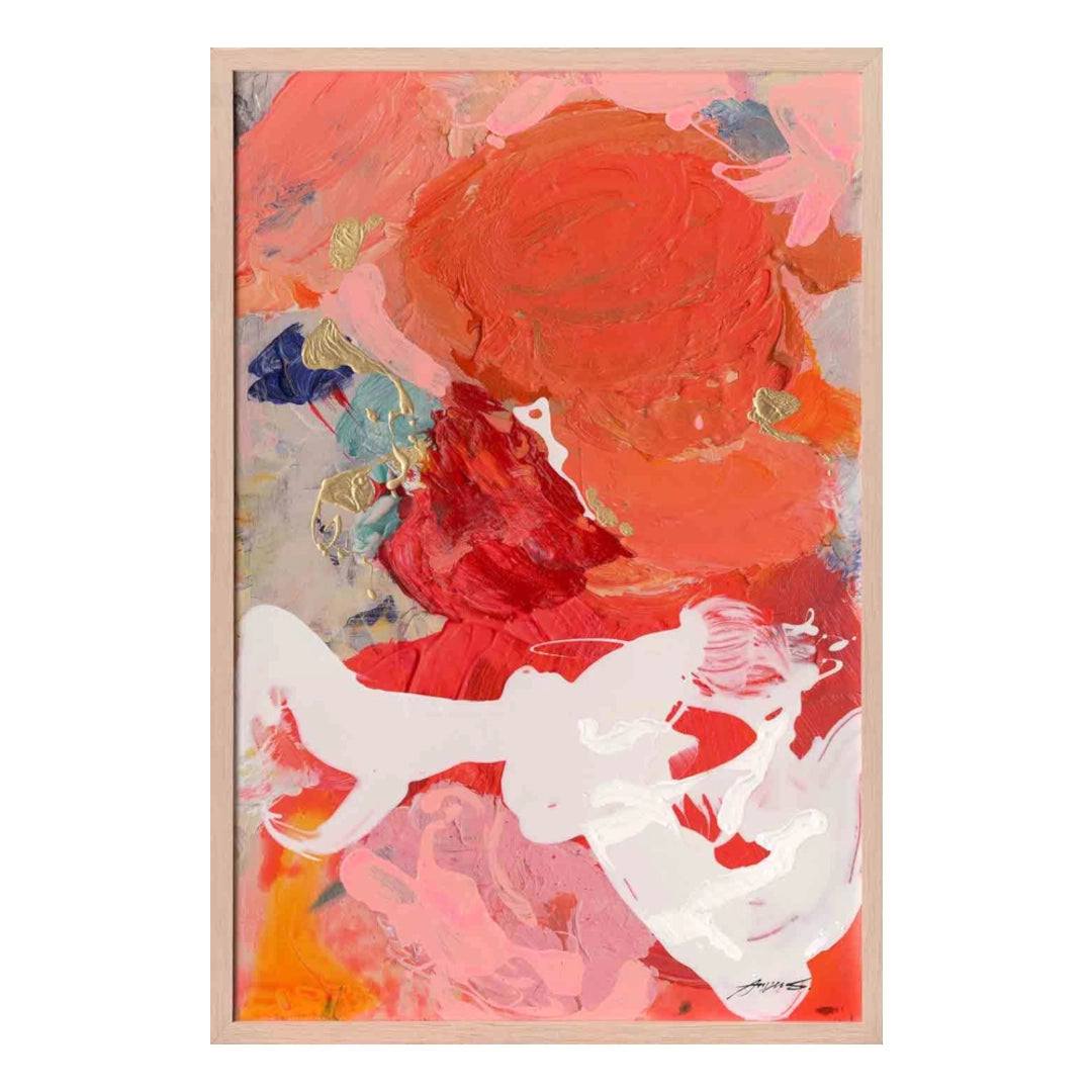 Abstract art print with red, orange, and white colors on a white background