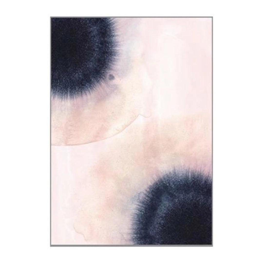 Abstract art piece with black and white circular patterns on a pink background