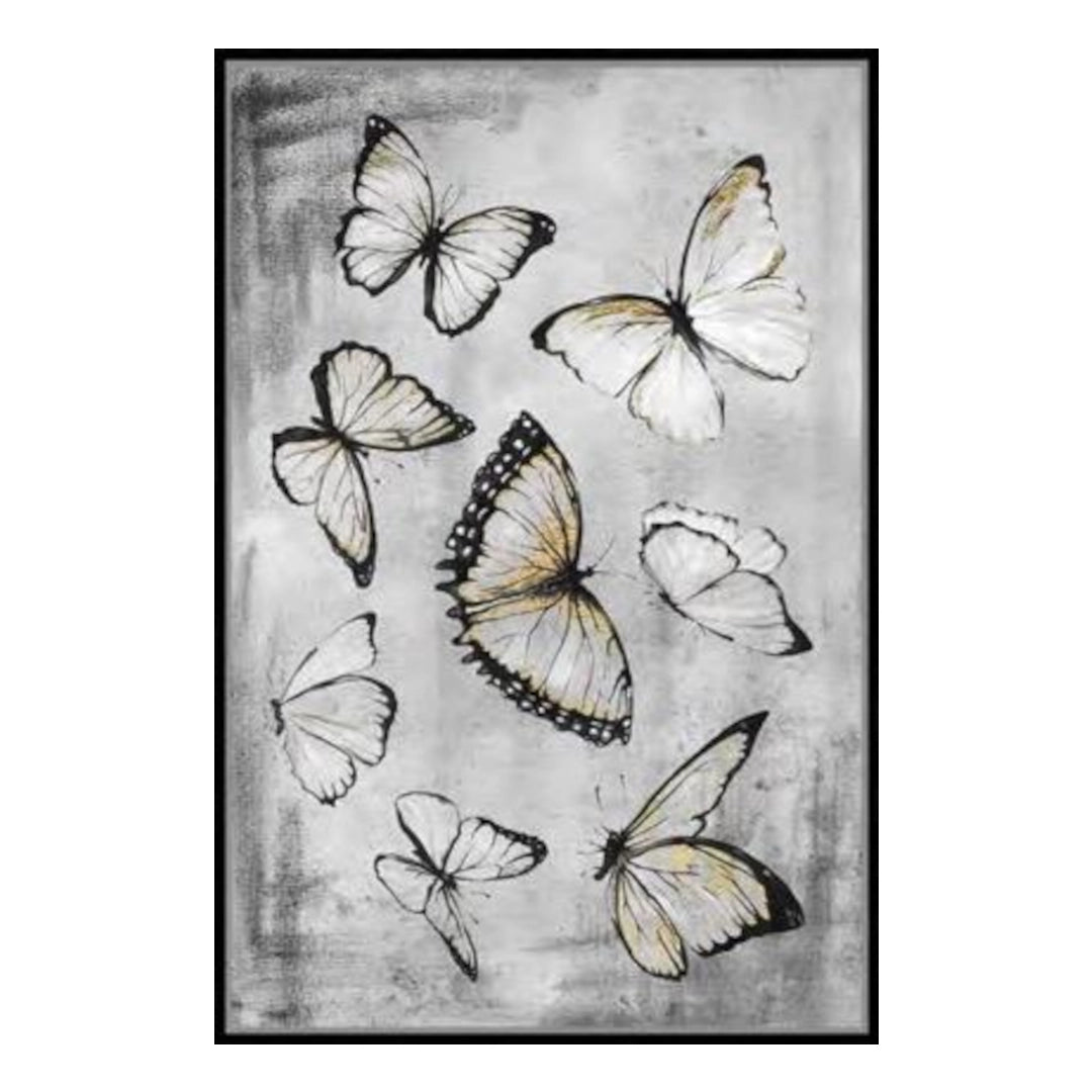 Framed artwork with butterfly illustrations on a textured background