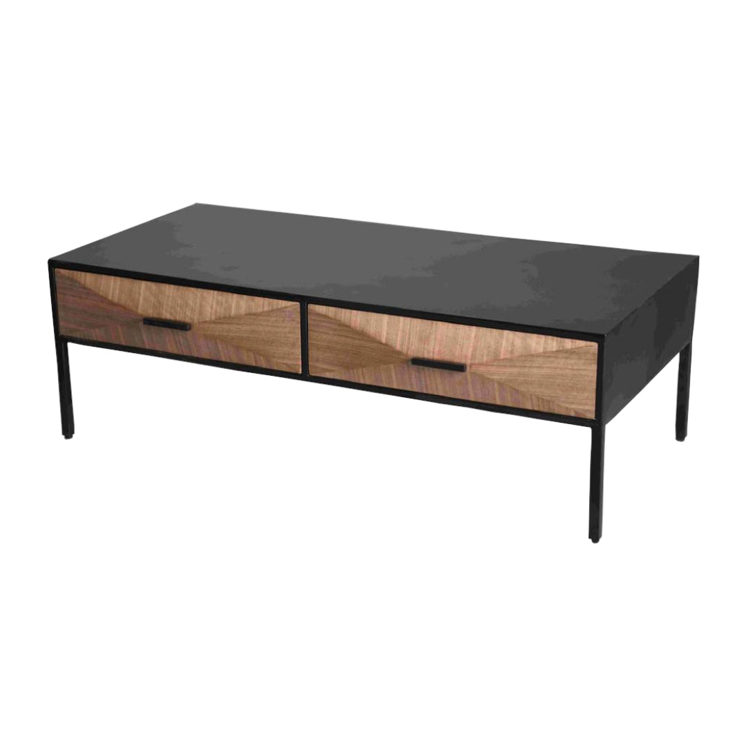 Coffee table with wooden drawers and black glass top on a white background