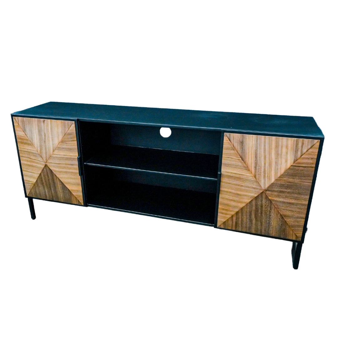 TV stand with geometric wood pattern on a white background