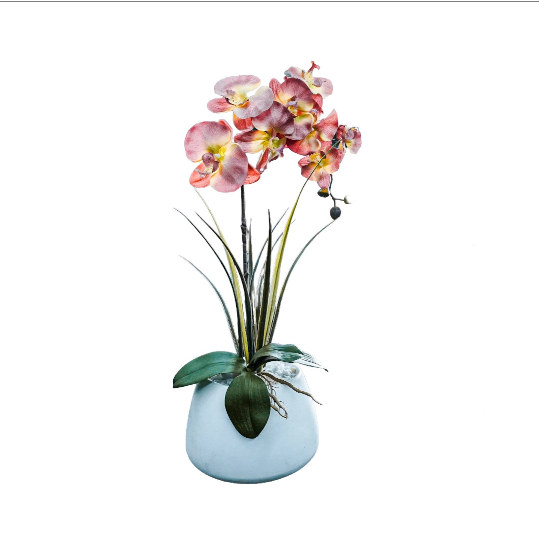 Artificial orchid plant in a light blue pot on a white background