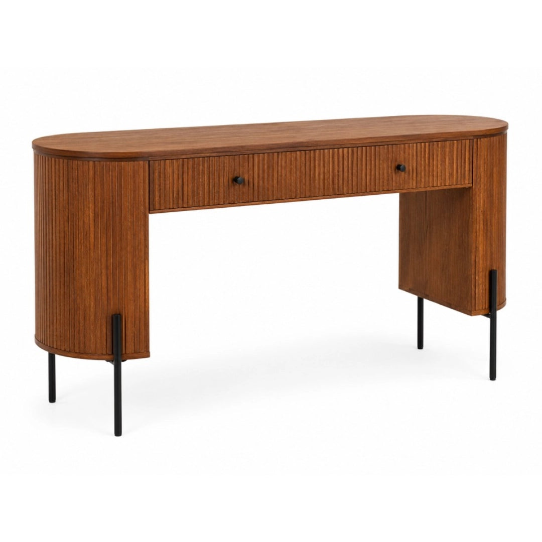 Wooden console table with a curved front and two drawers on a white background