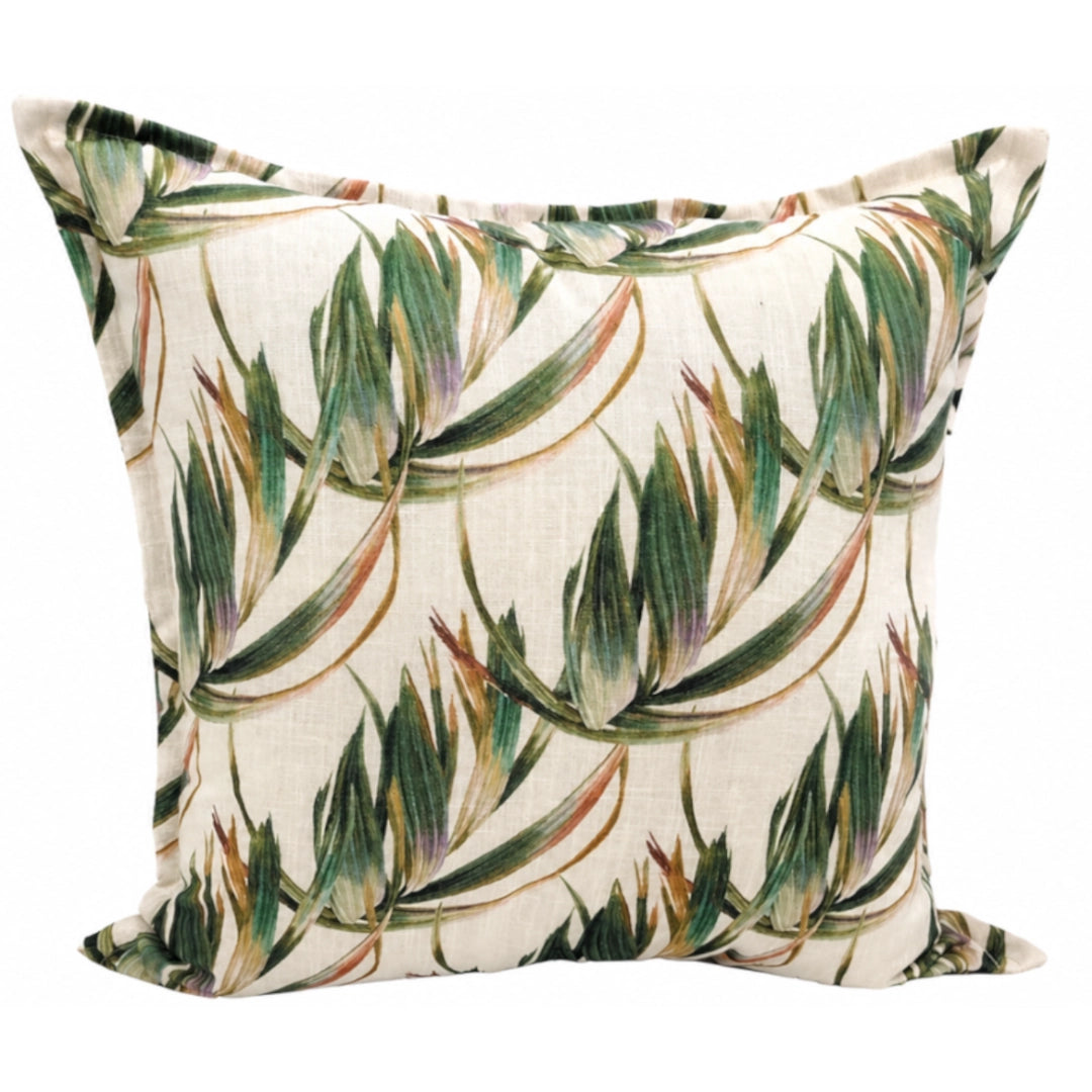 A scatter cushion with an Olive branch pattern on a white background.