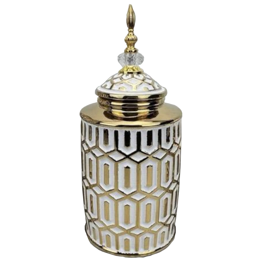 Decorative jar with geometric pattern and gold accents on a white background