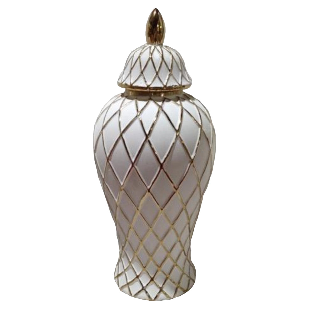 Decorative Jar with lattice design and gold accents on a white background