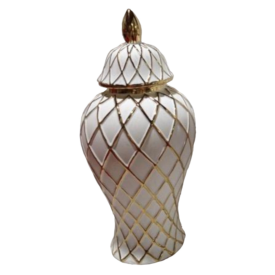 Decorative Jar with lattice design and gold accents on a white background