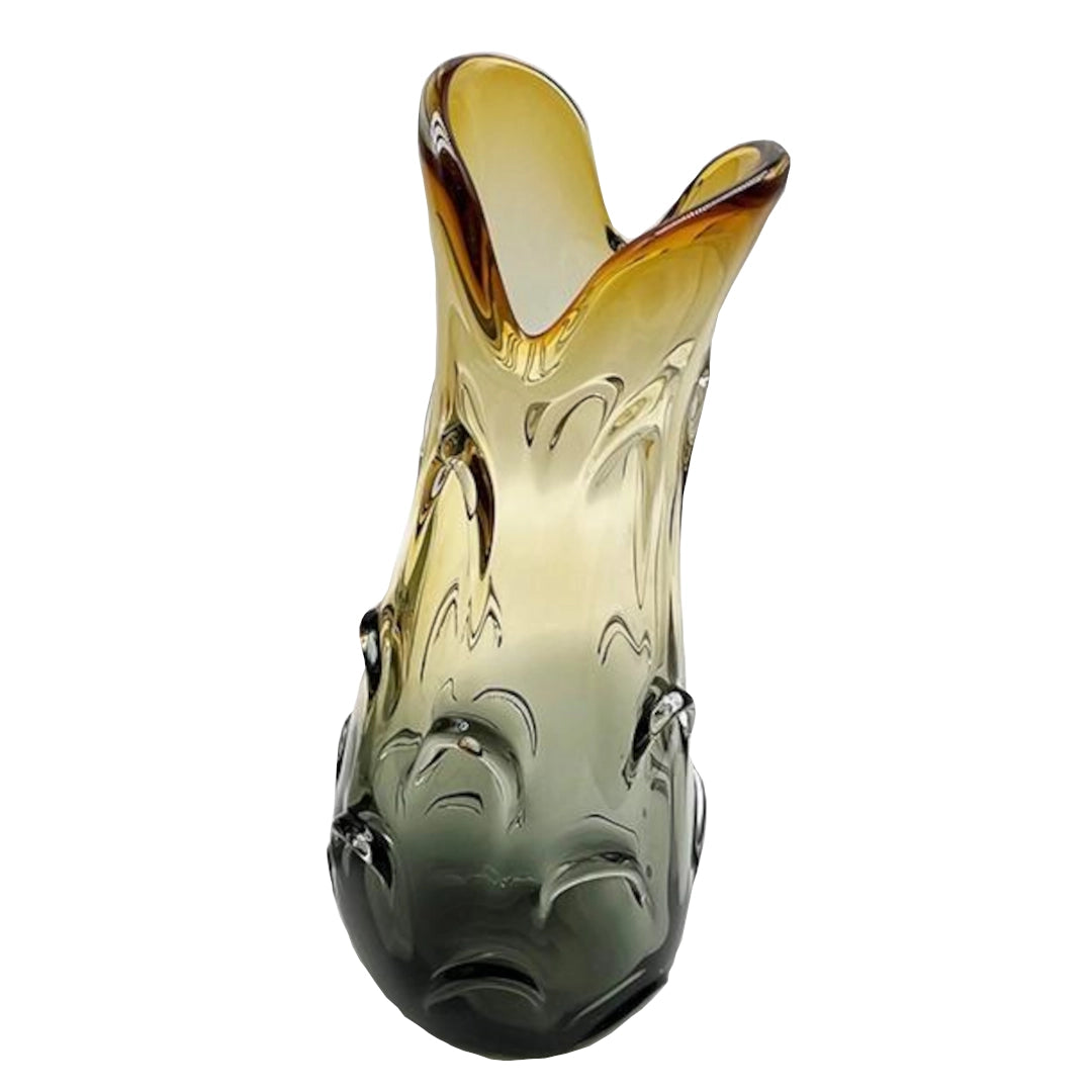 A Green and Yellow Glass vase with a unique design on a white background