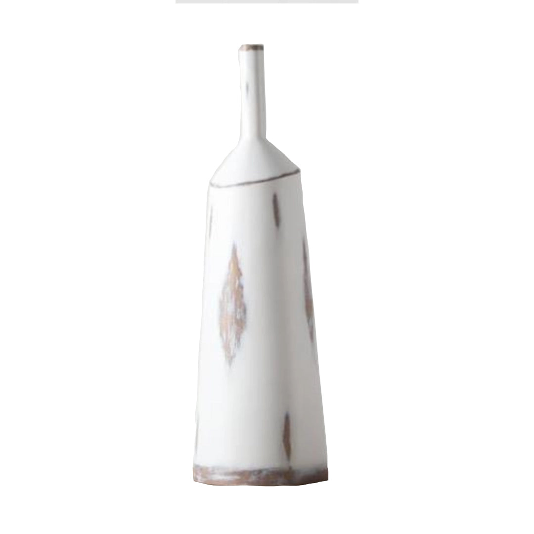 A White Polyresin vase with brown textured patterns.