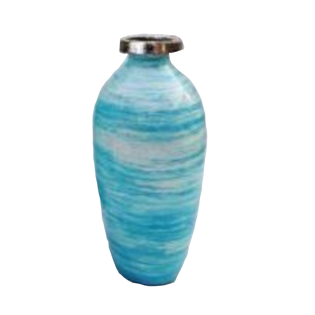 Blue and white striped vase on a white background