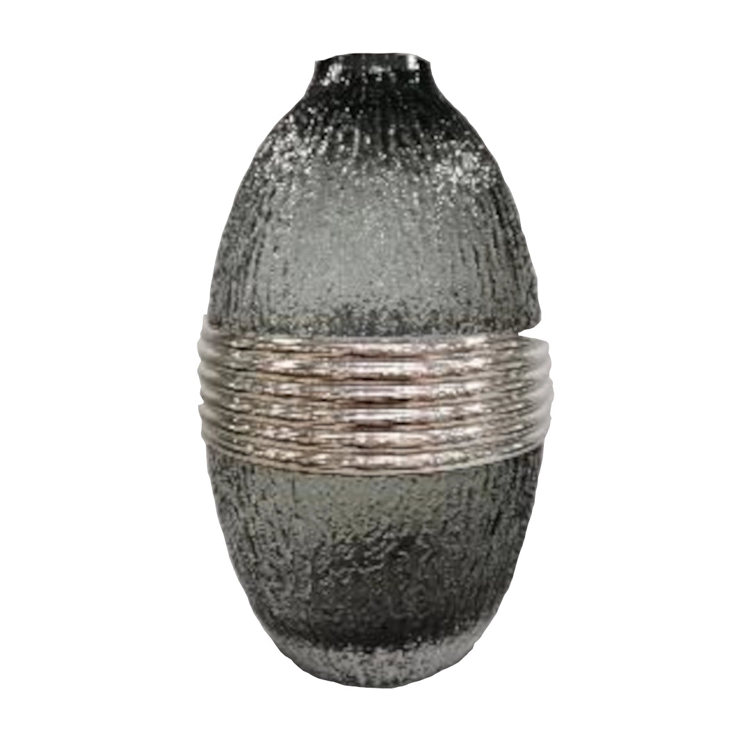 A Small, Decorative Grey Glass vase with textured surface on a white background
