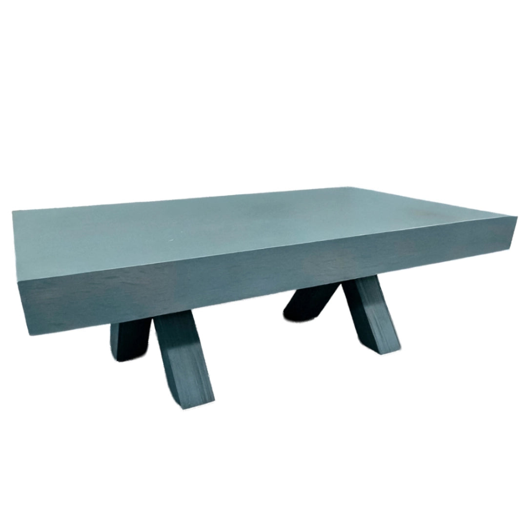 Rectangular coffee table with a light gray top and dark gray legs on a white background