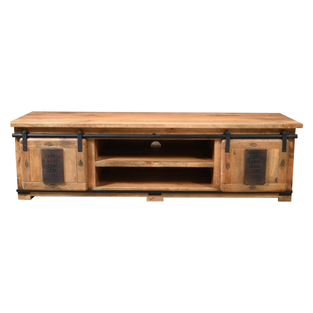 Wooden TV stand with metal accents on a white background