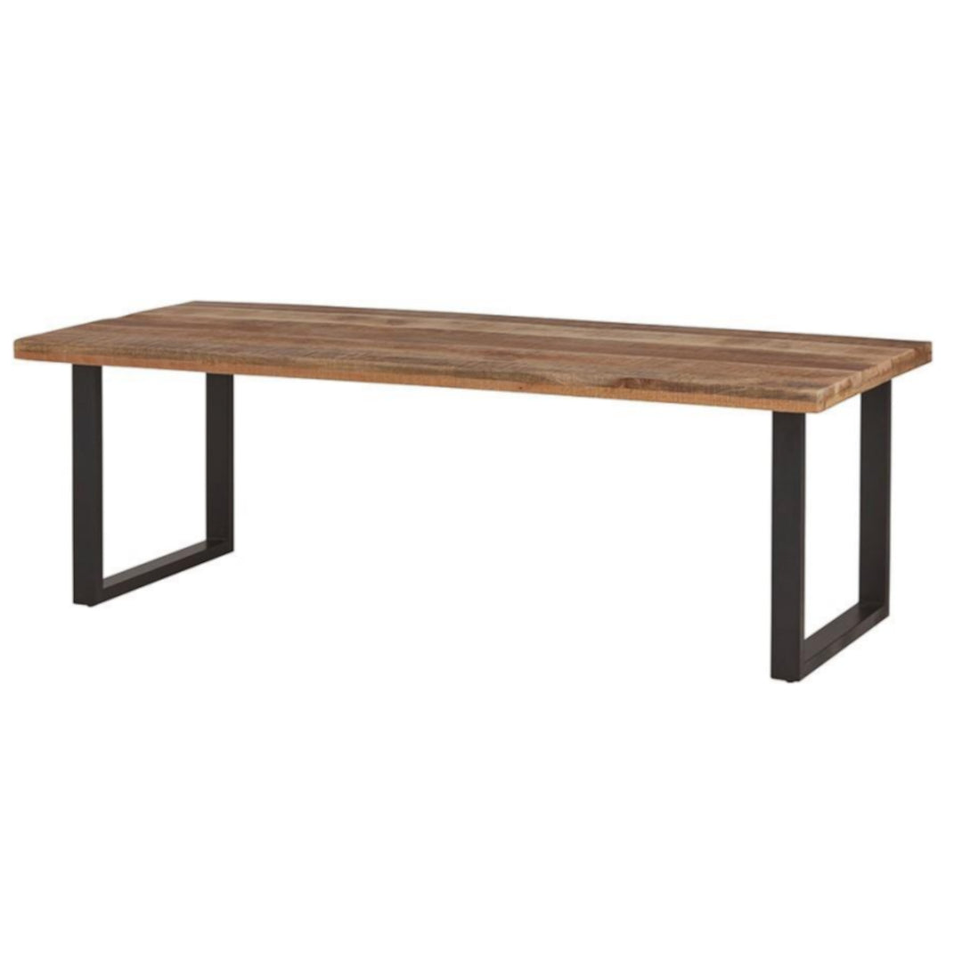 Wooden table with black metal legs on a white background
