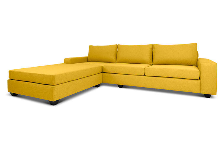 Euro four seater L shape couch in yellow linen angled view