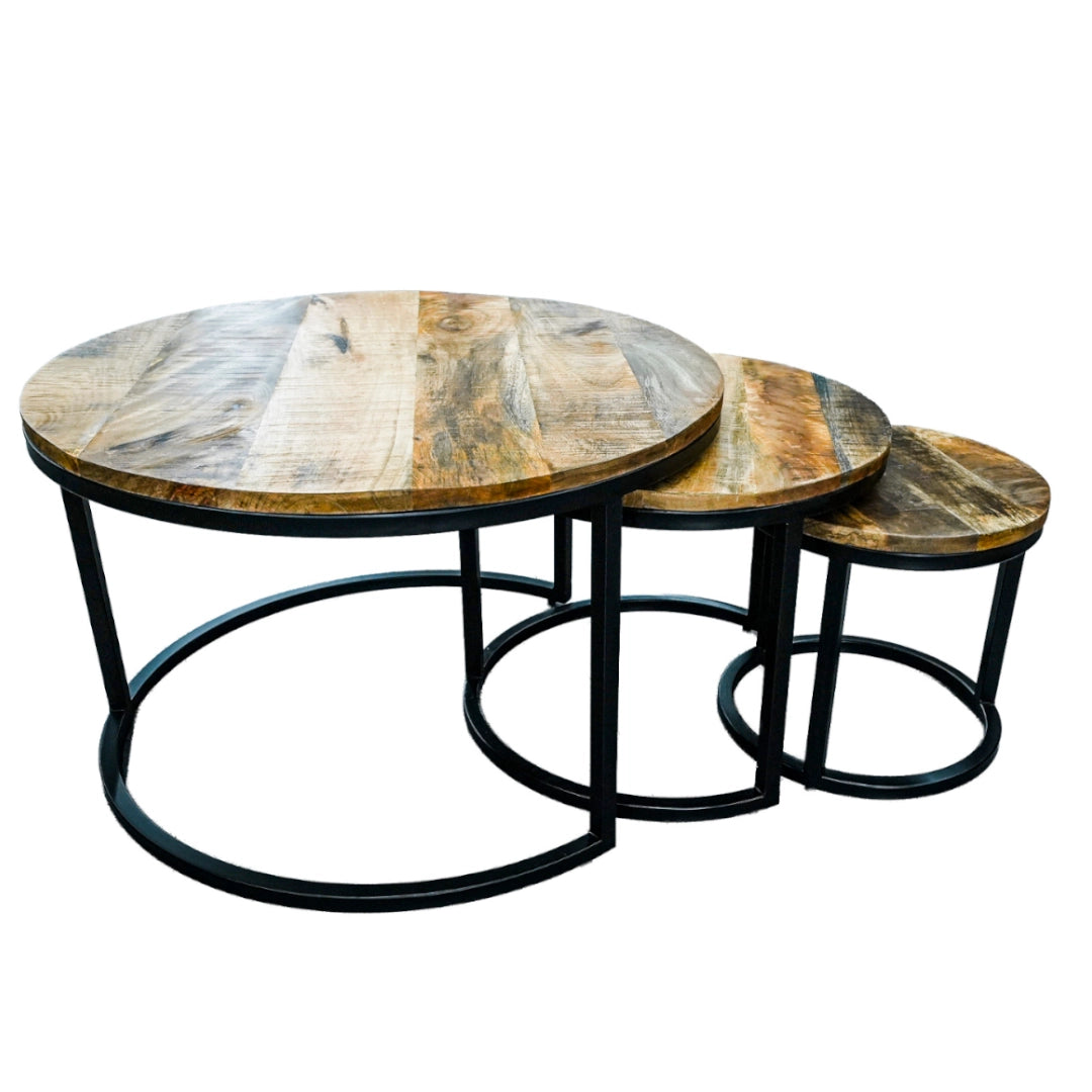 Set of three wooden nesting tables with metal legs on a white background