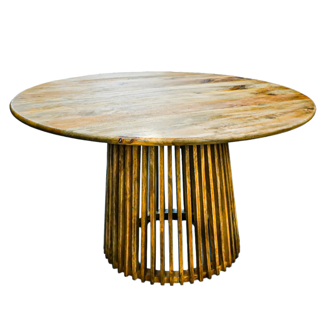 A round dining table made of wood on a white background