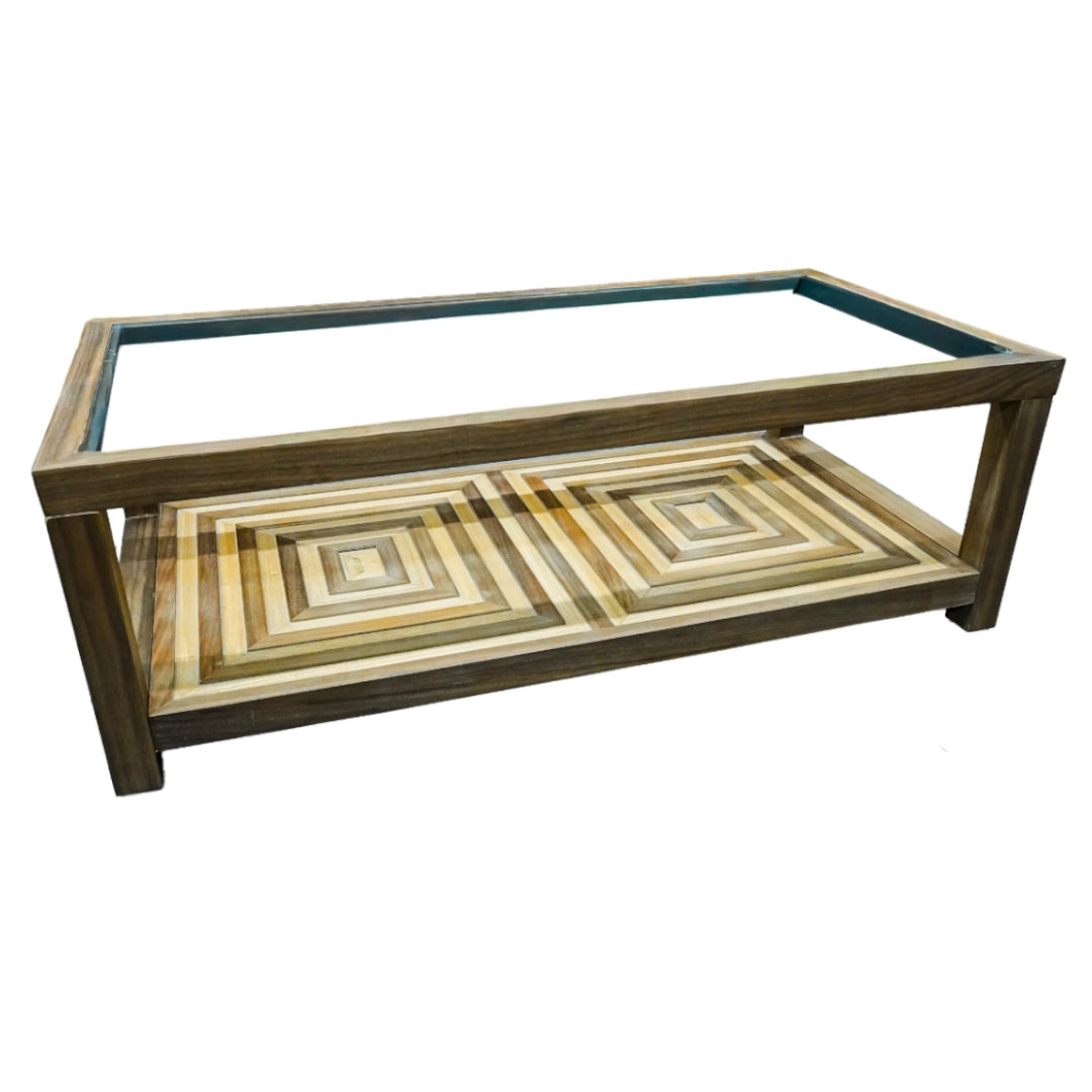 Wooden coffee table with glass top and geometric shelf design on a white background