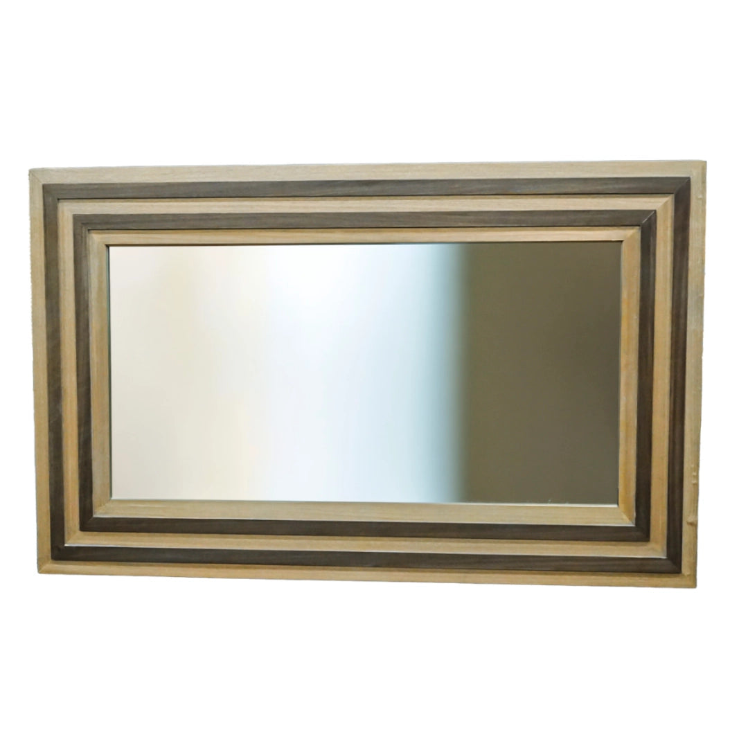 Rectangular mirror with a decorative wooden frame on a white background