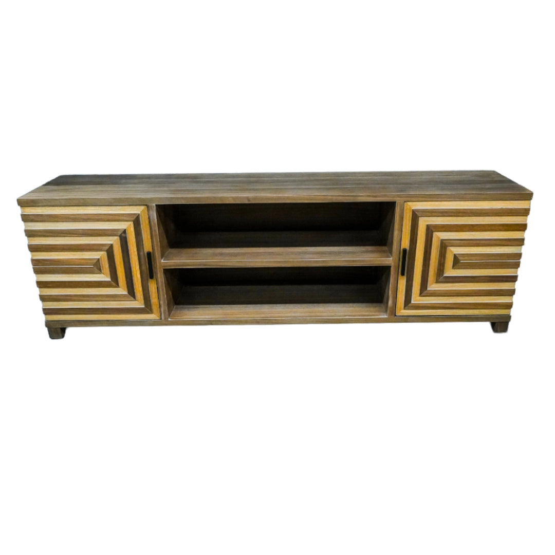 Wooden TV stand with geometric design on a white background