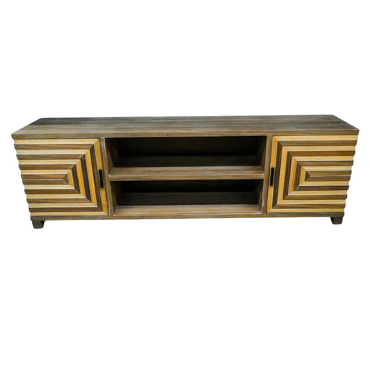 Wooden TV stand with geometric design on a white background