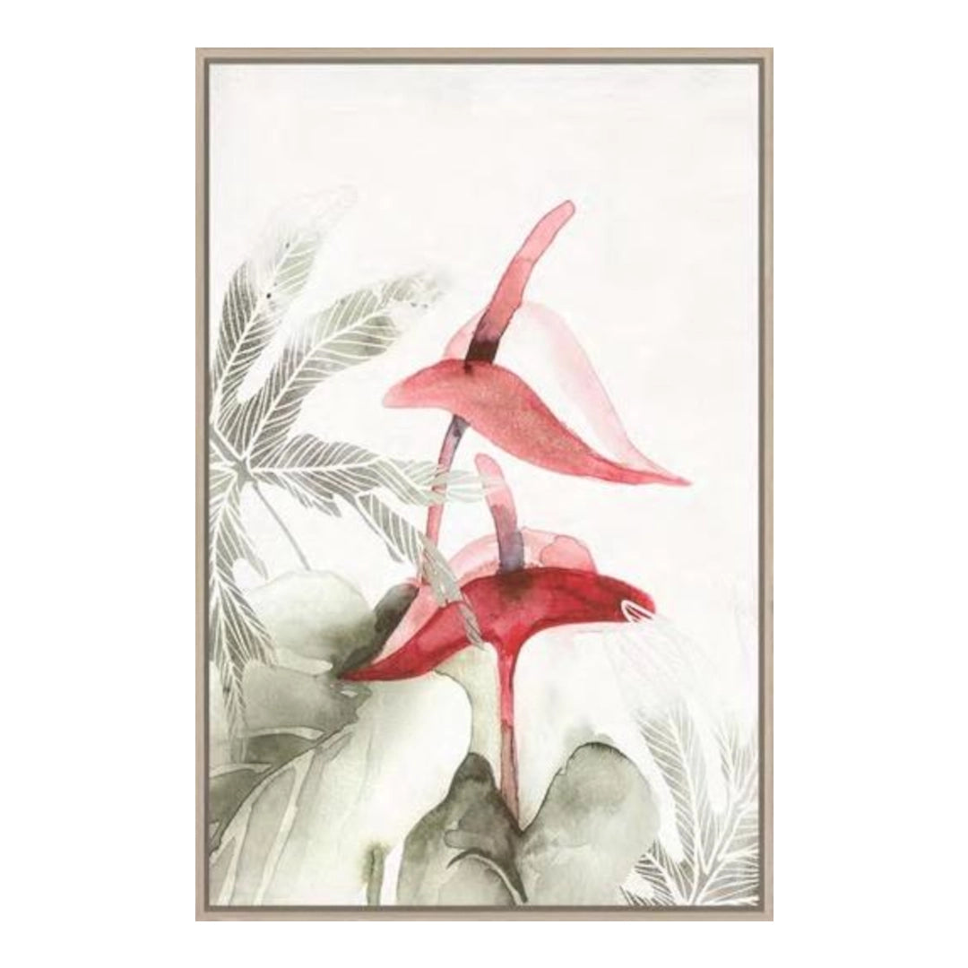 Framed artwork of red flowers and green leaves on a white background