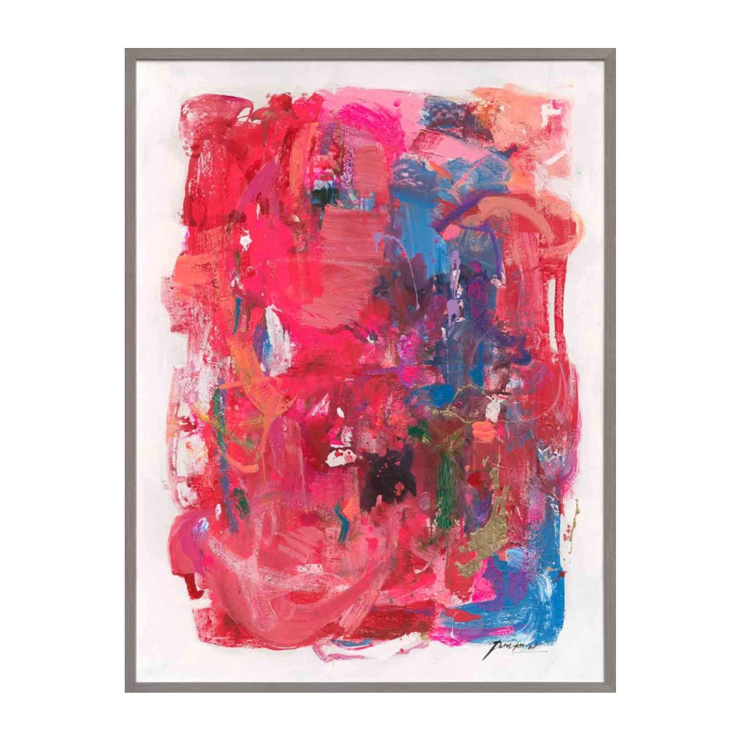 Abstract art print with vibrant colors in a gray frame on a white background