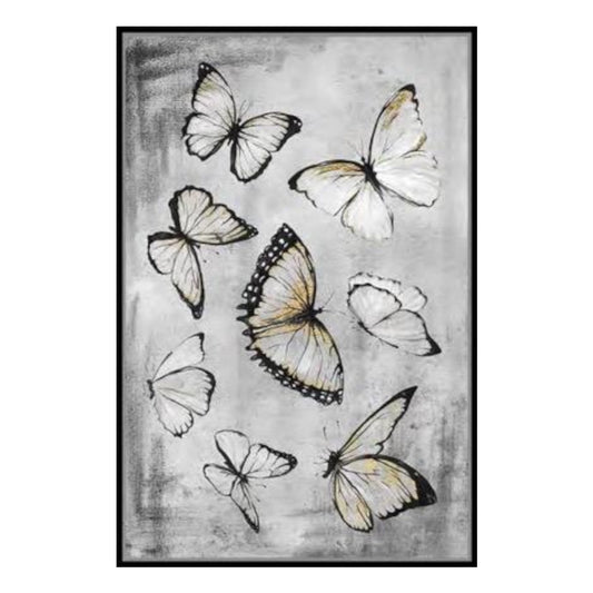 Framed artwork with butterfly illustrations on a textured background