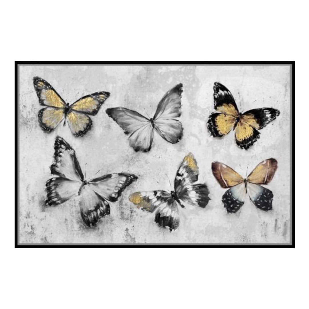Framed artwork of six butterflies with yellow and black patterns on a textured white background.