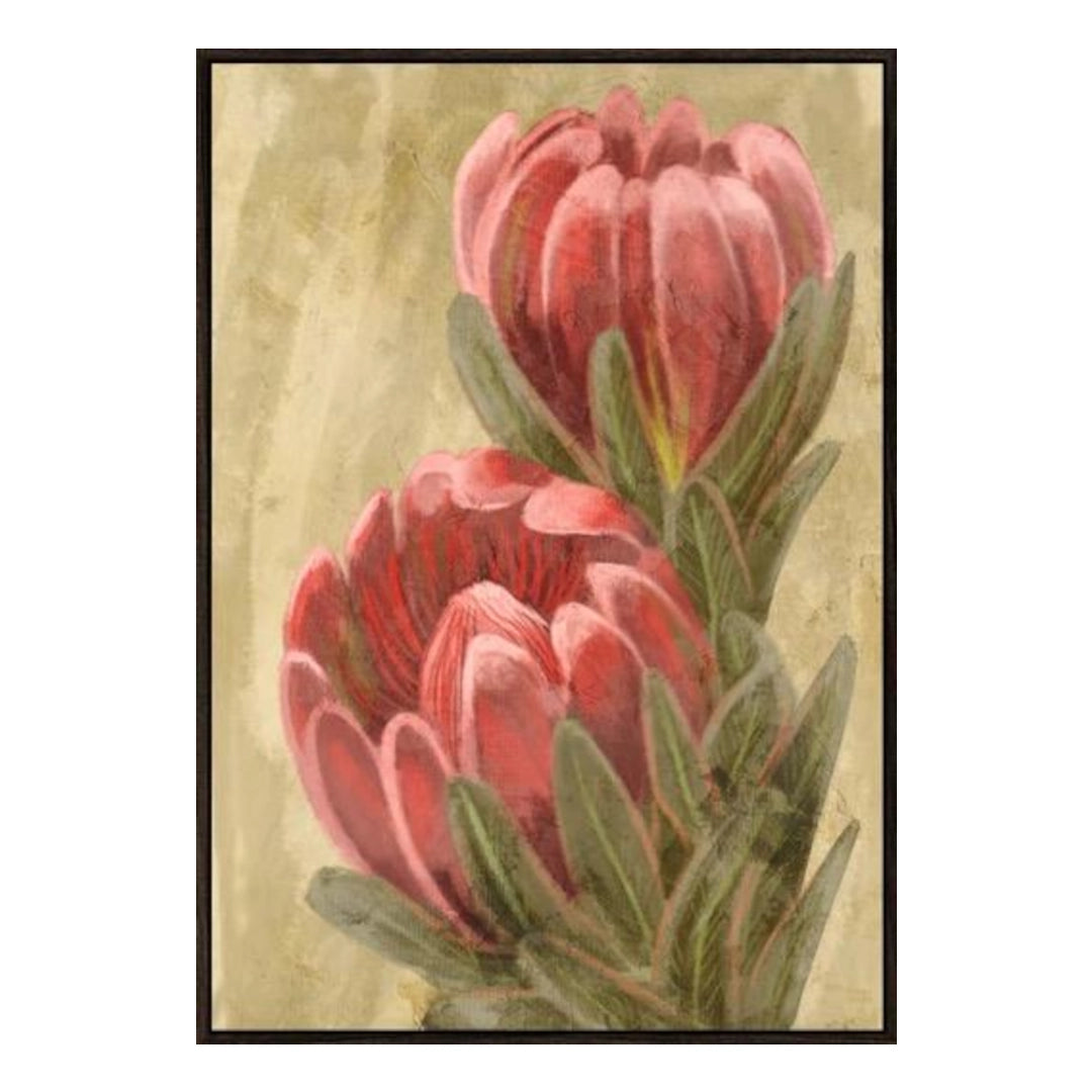 Framed artwork of red flowers on a textured beige background