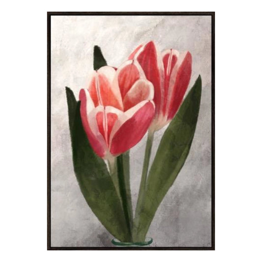 Framed artwork of pink tulips on a textured gray background