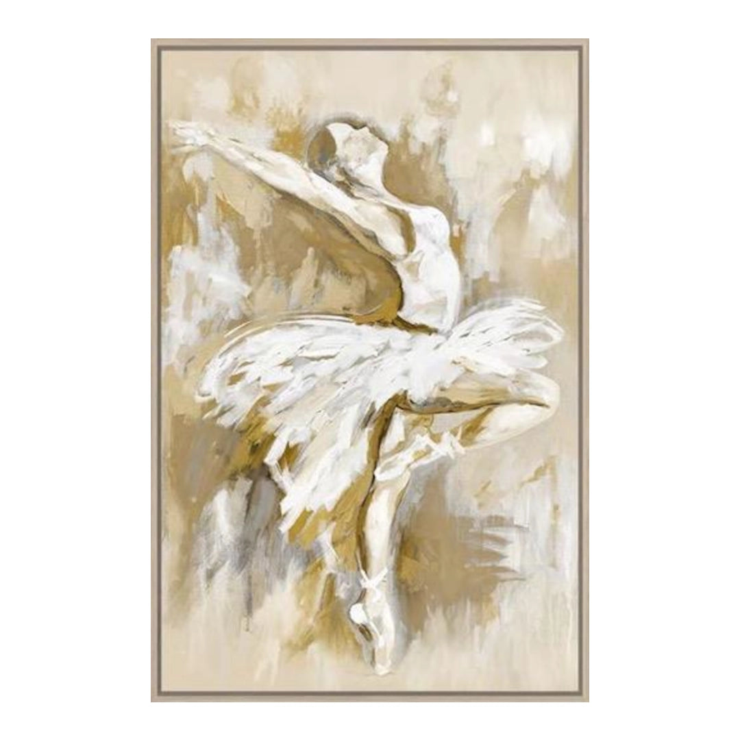 Abstract painting of a dancer in a gold and beige frame