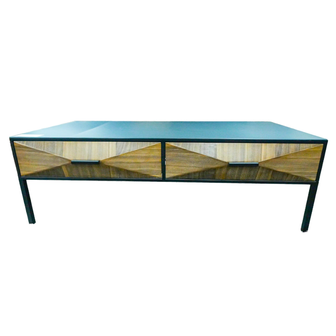 Rectangular console table with wooden sides on a white background