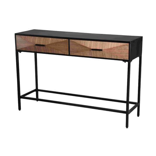 Console table with black frame and wooden drawers on a white background
