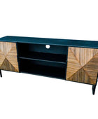 TV stand with geometric wood pattern on a white background