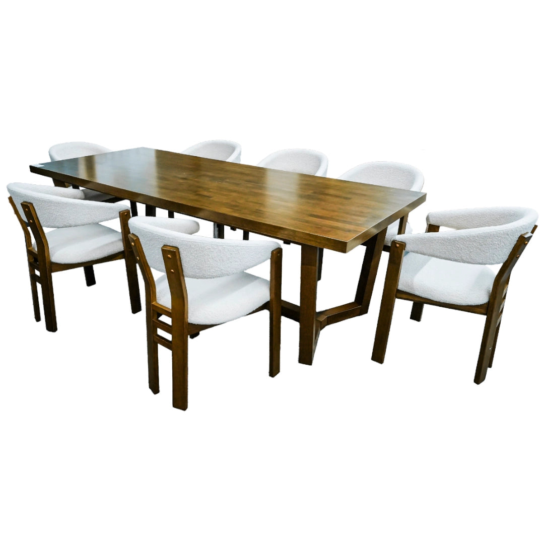 Wooden dining table with eight matching chairs on a white background