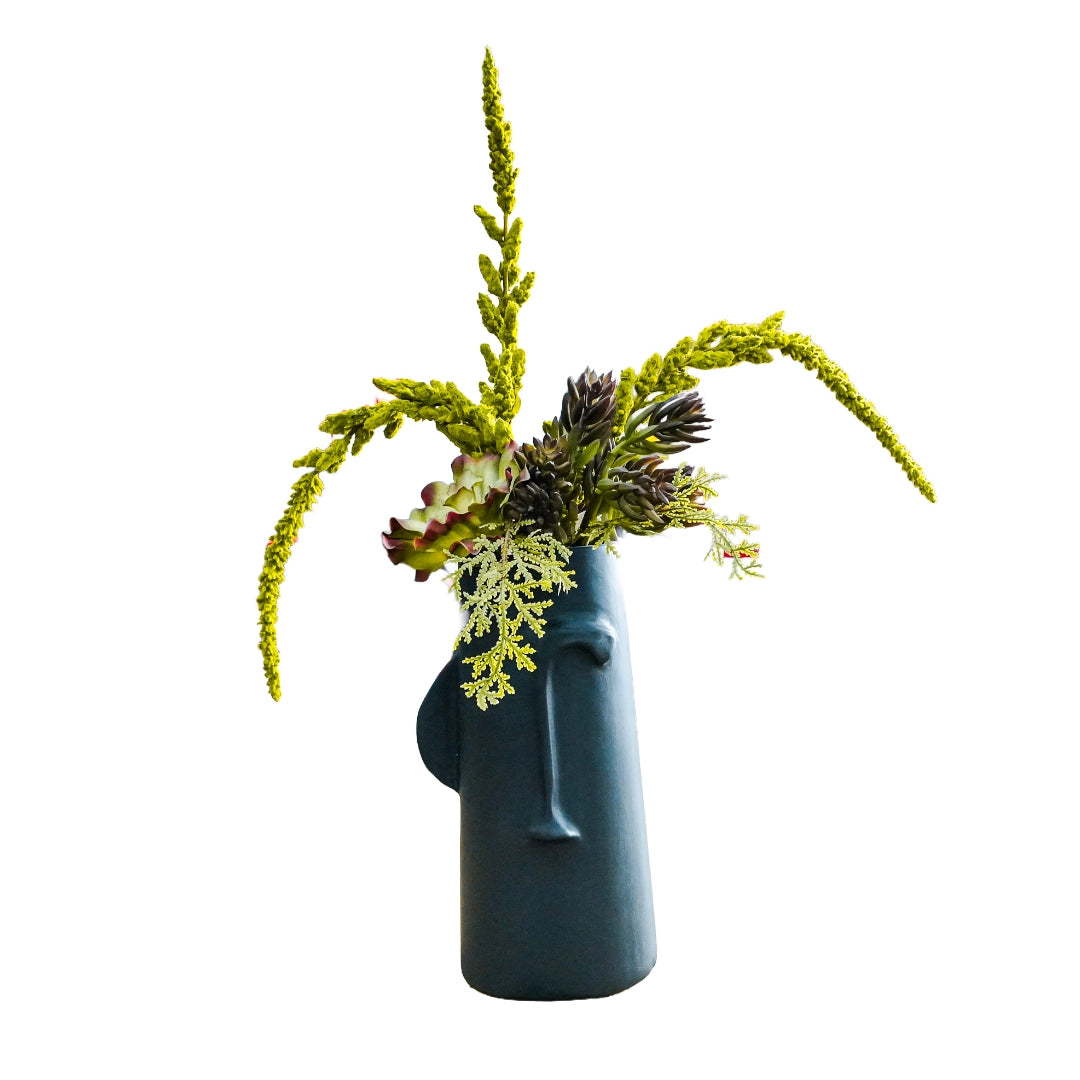 A black face shaped vase with succulent plants