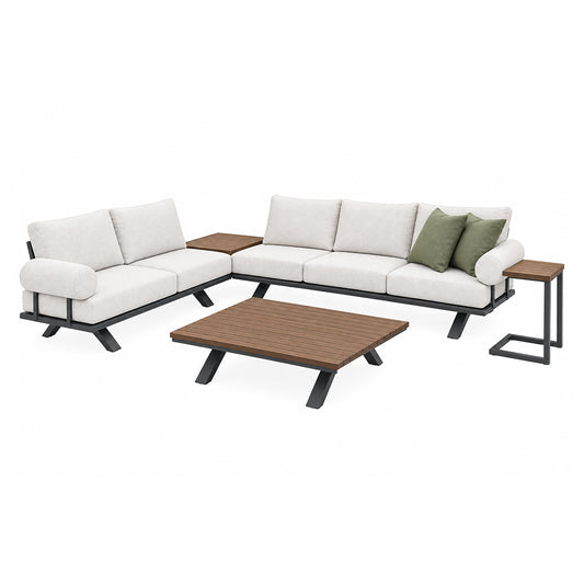 Cancun outdoor patio suite with neutral cushions, dark frame and timber-look coffee table