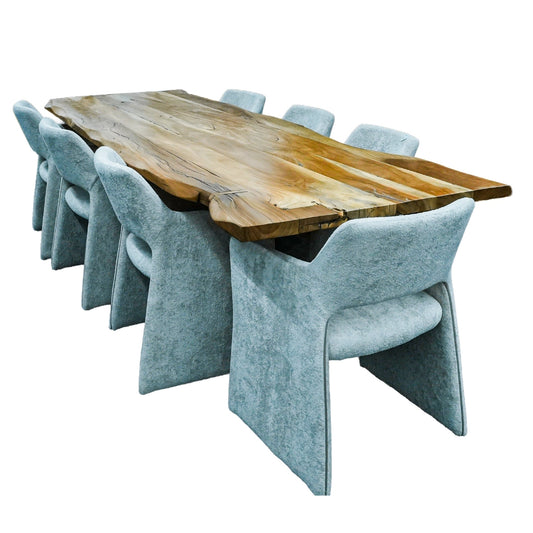 Wooden dining table with six matching chairs on a white background