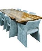 Wooden dining table with six matching chairs on a white background