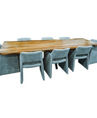 Wooden dining table with six grey chairs on a white background