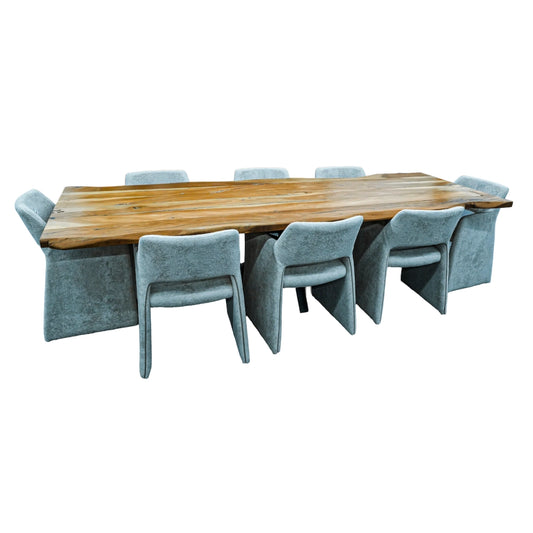 Wooden dining table with six grey chairs on a white background