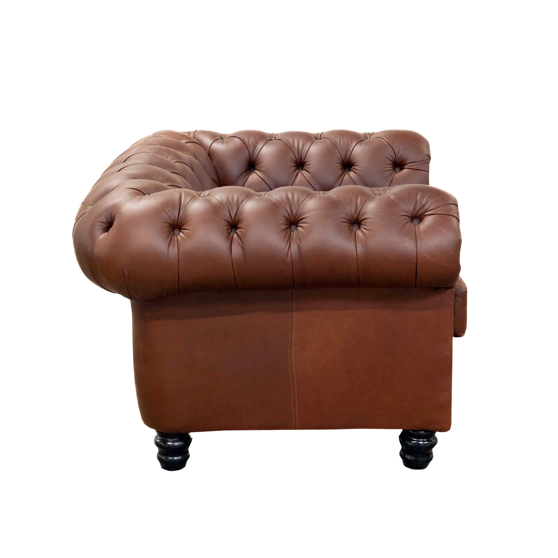 Chesterfield 1 Seater brown sofa side view