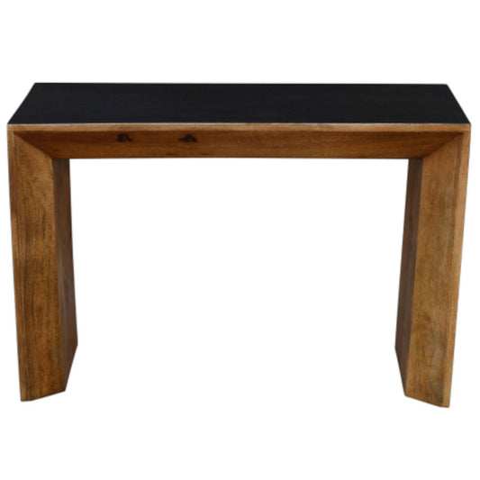 Wooden console table with a black top on a white background