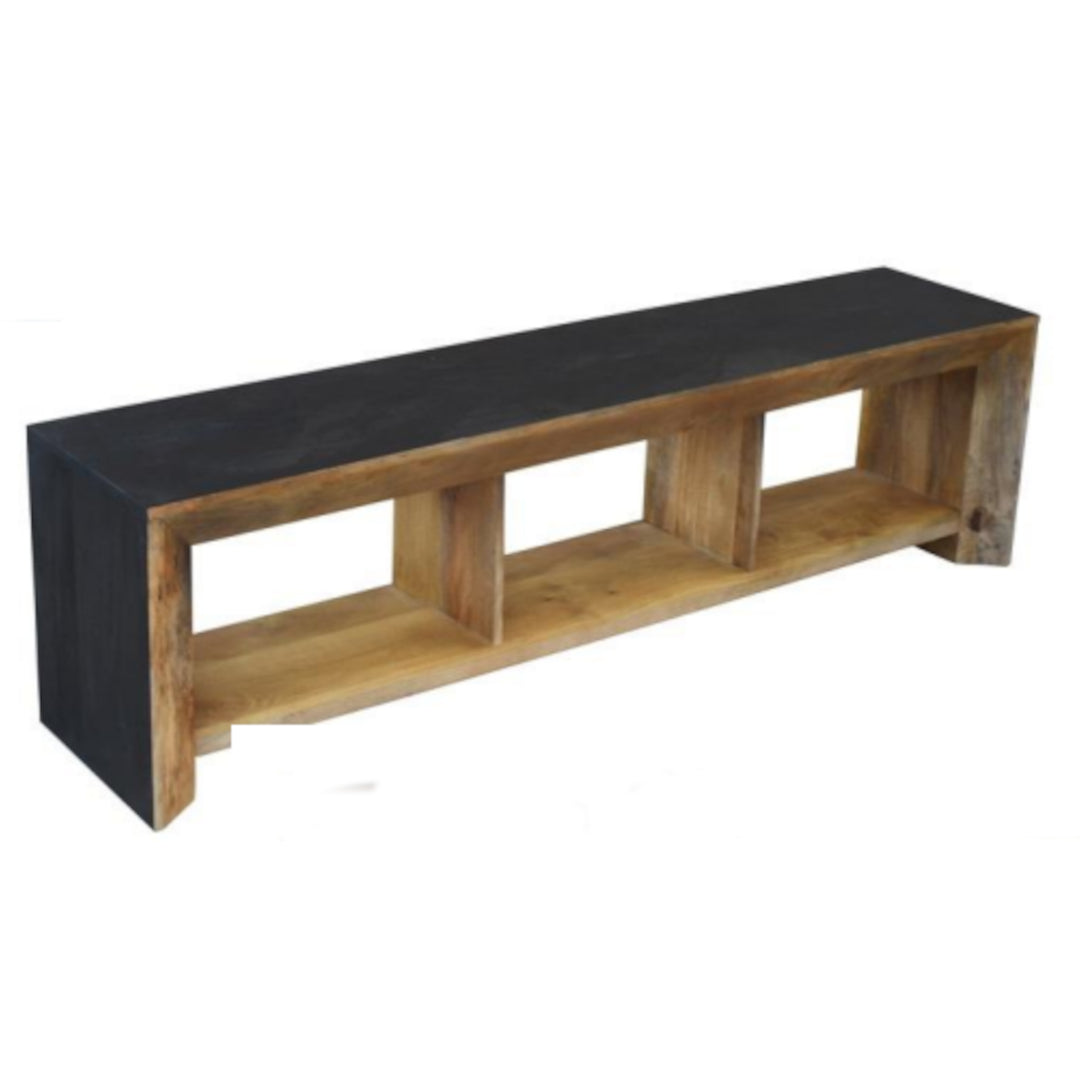 Wooden T.V Stand with black top on a white background