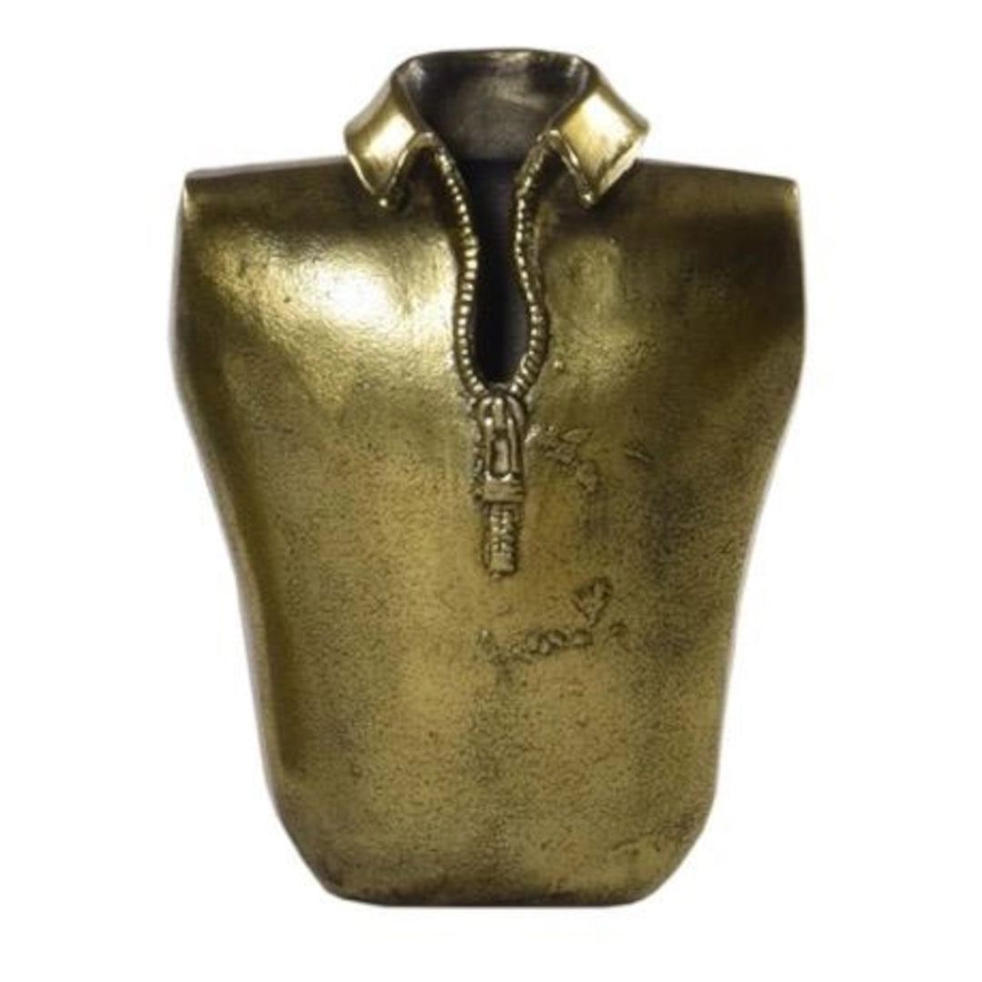 Brass vase shaped like a shirt with a collar and zipper on a white background