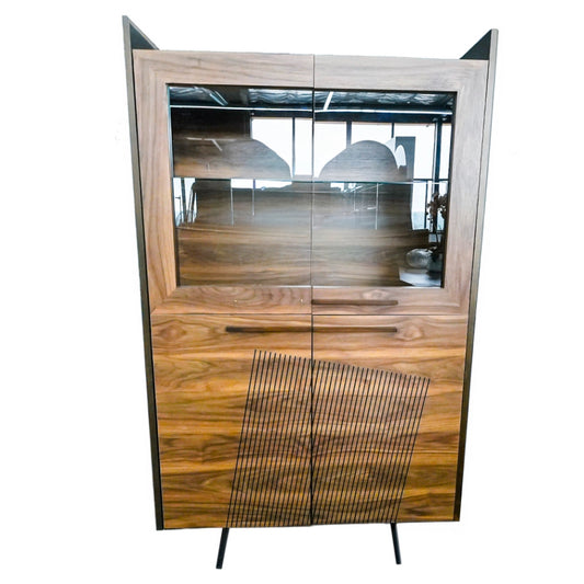 Wooden display cabinet with glass doors on a white background