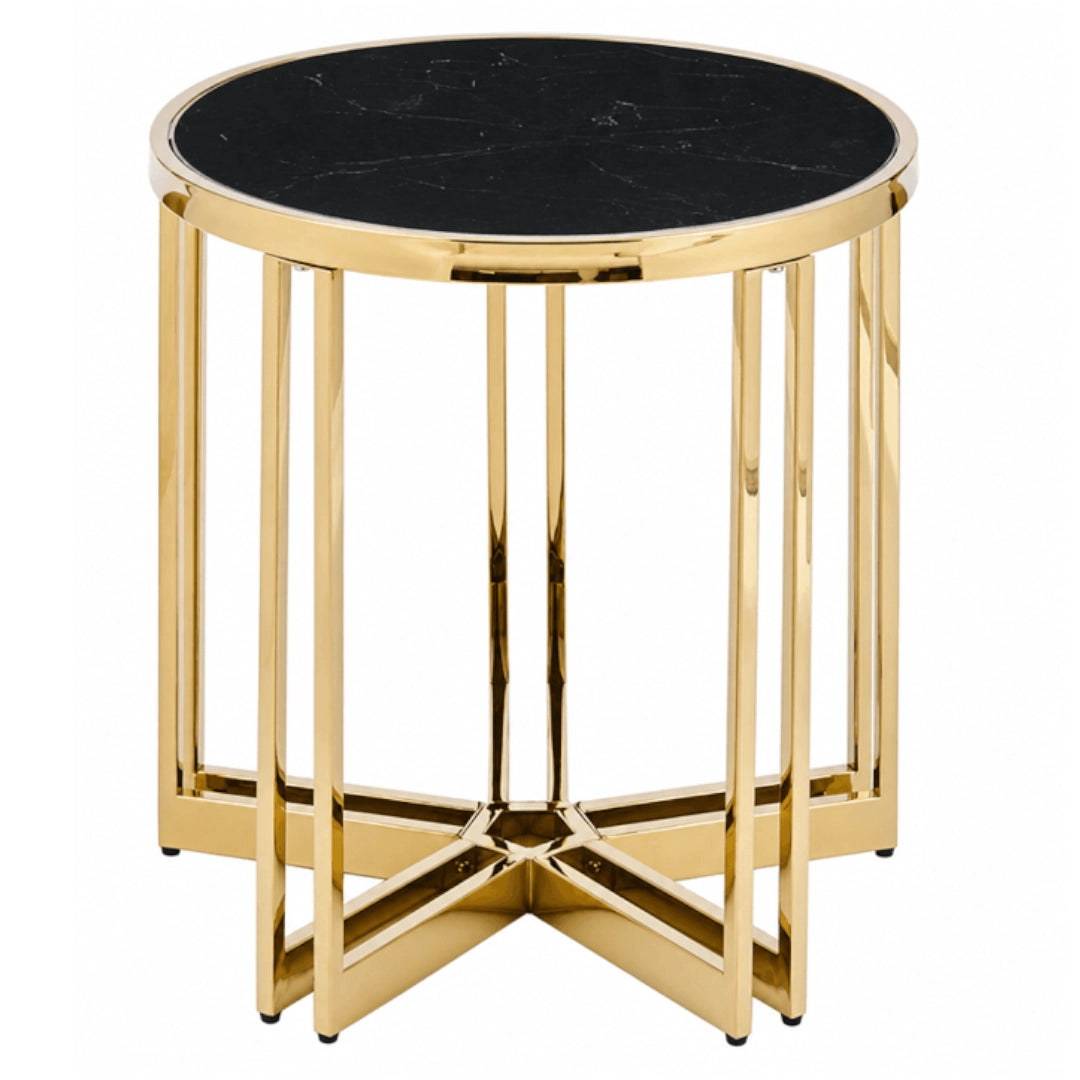 Round side table with black marble top and gold metal frame on a white background