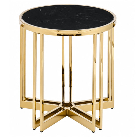 Round side table with black marble top and gold metal frame on a white background